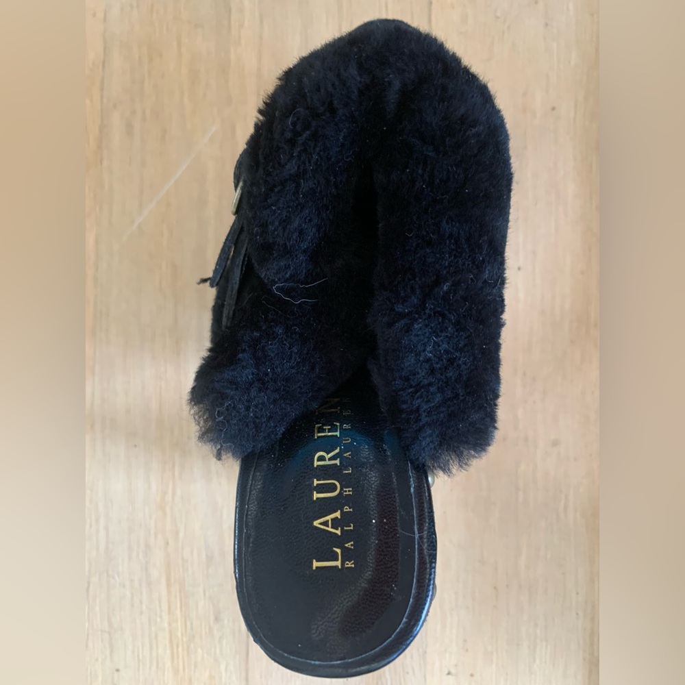 Lauren Ralph Lauren 4.5 inch heel mules. Real sheepskin, composition heels.